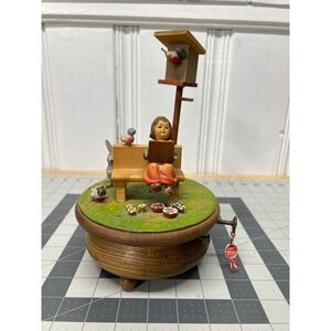 Vtg Thorens Swiss Music Box Edelweiss Girl Reading Birds Carved Wood Rotating